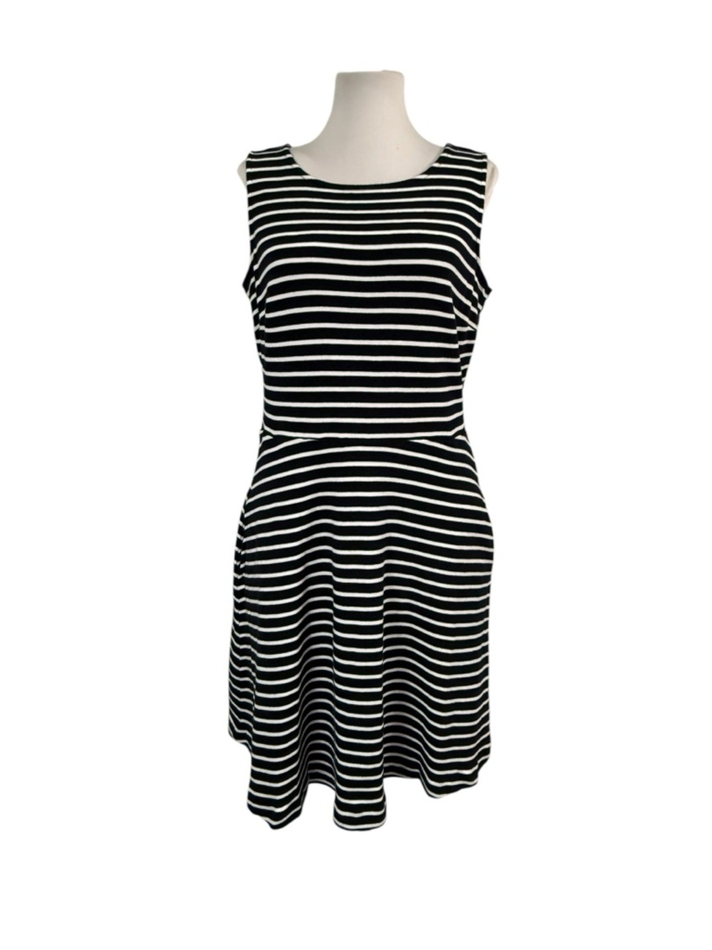 Talbots Large Petite LP Fit Flare Knit Dress Striped Navy Blue Pockets Preppy